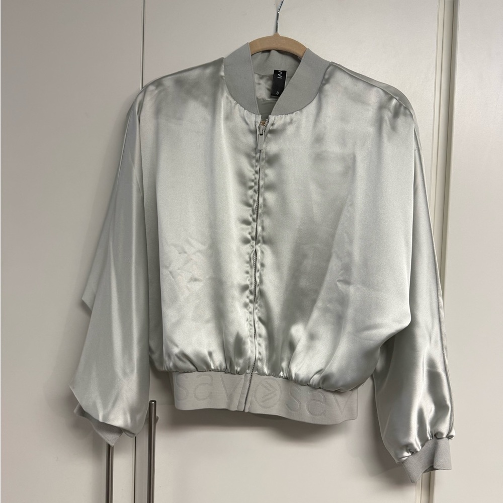 Savvi Lucy Satin Bomber Jacket in Silver - Picture 10 of 12